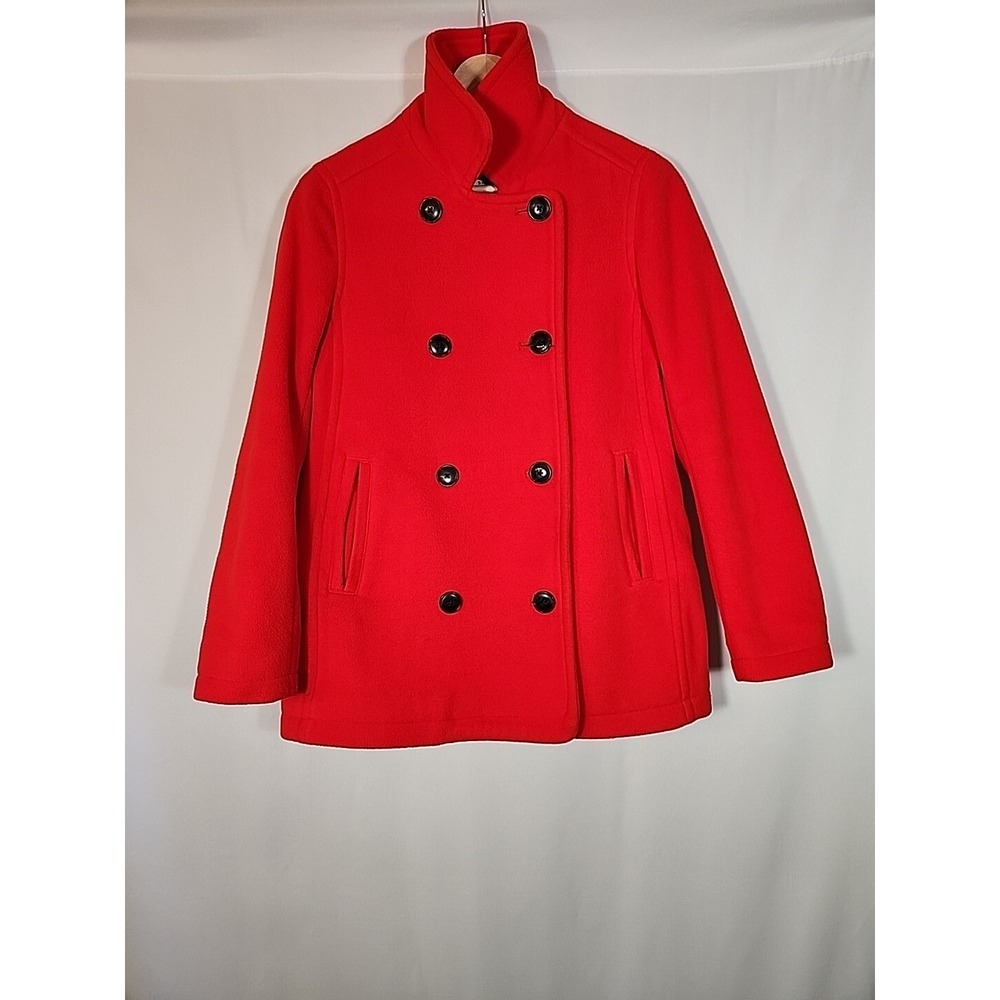 LL Bean Red Fleece Peacoat Double Breasted Jacket Nautical Preppy Womens XS P